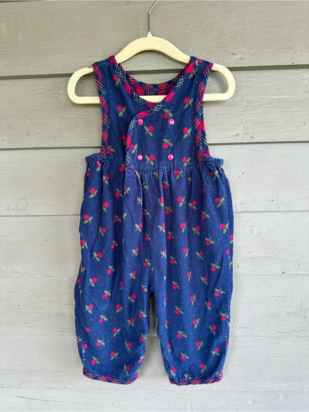 Vintage Gymboree Rainbow Tag Girls Navy Red Floral Plaid Overalls Romper